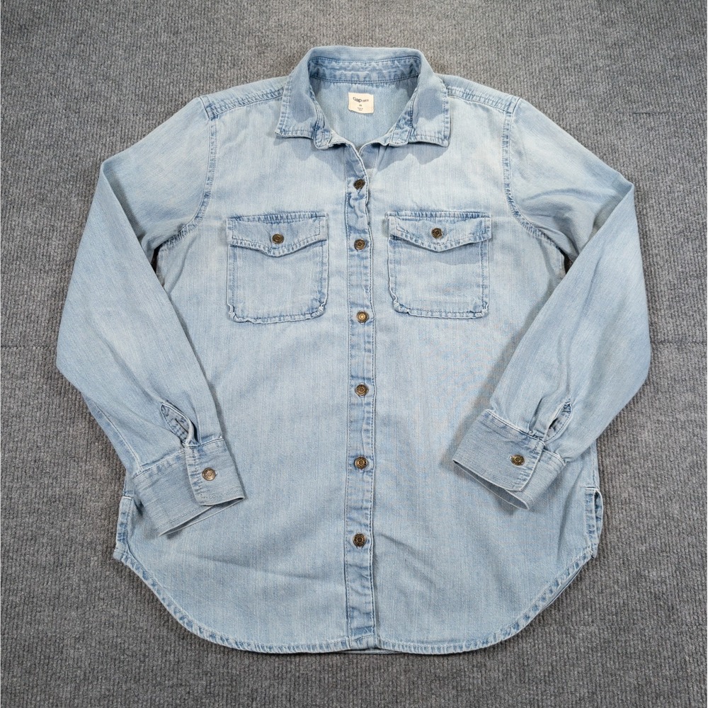 GAP Denim Utility Shirt Womens XS Light Blue Denim Stud Button Up